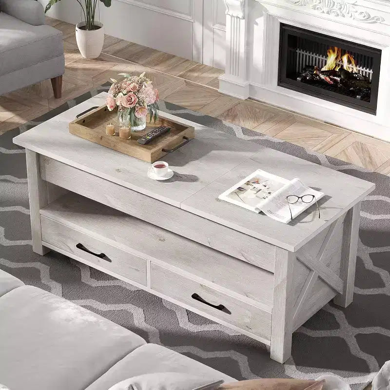 Table basse élévatrice de 120 cm - 2 tiroirs et rangement dissimulé, plateau en bois rétro pour salon - Gris