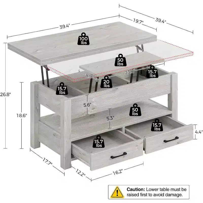 Table basse élévatrice de 120 cm - 2 tiroirs et rangement dissimulé, plateau en bois rétro pour salon - Gris
