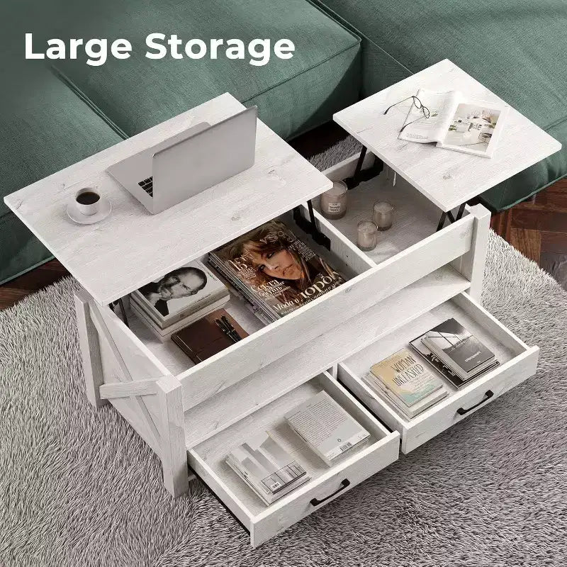 Table basse élévatrice de 120 cm - 2 tiroirs et rangement dissimulé, plateau en bois rétro pour salon - Gris