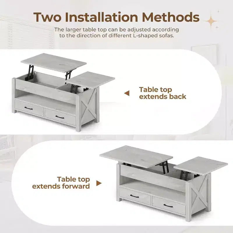 Table basse élévatrice de 120 cm - 2 tiroirs et rangement dissimulé, plateau en bois rétro pour salon - Gris
