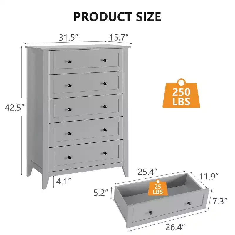 Commode 5 tiroirs, organisateur de rangement en bois avec tiroirs pour chambre, salon, entrée, gris