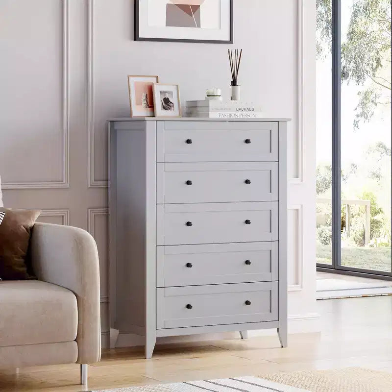 Commode 5 tiroirs, organisateur de rangement en bois avec tiroirs pour chambre, salon, entrée, gris