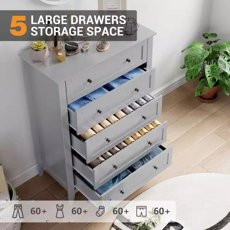 Commode 5 tiroirs, organisateur de rangement en bois avec tiroirs pour chambre, salon, entrée, gris