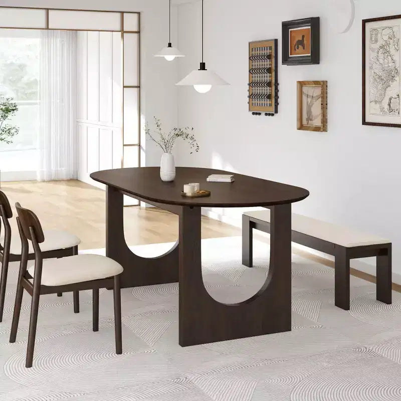 Table de salle à manger ovale moderne en bois massif de noyer 67 x 33,5 avec pieds arqués pour cuisine et salle à manger