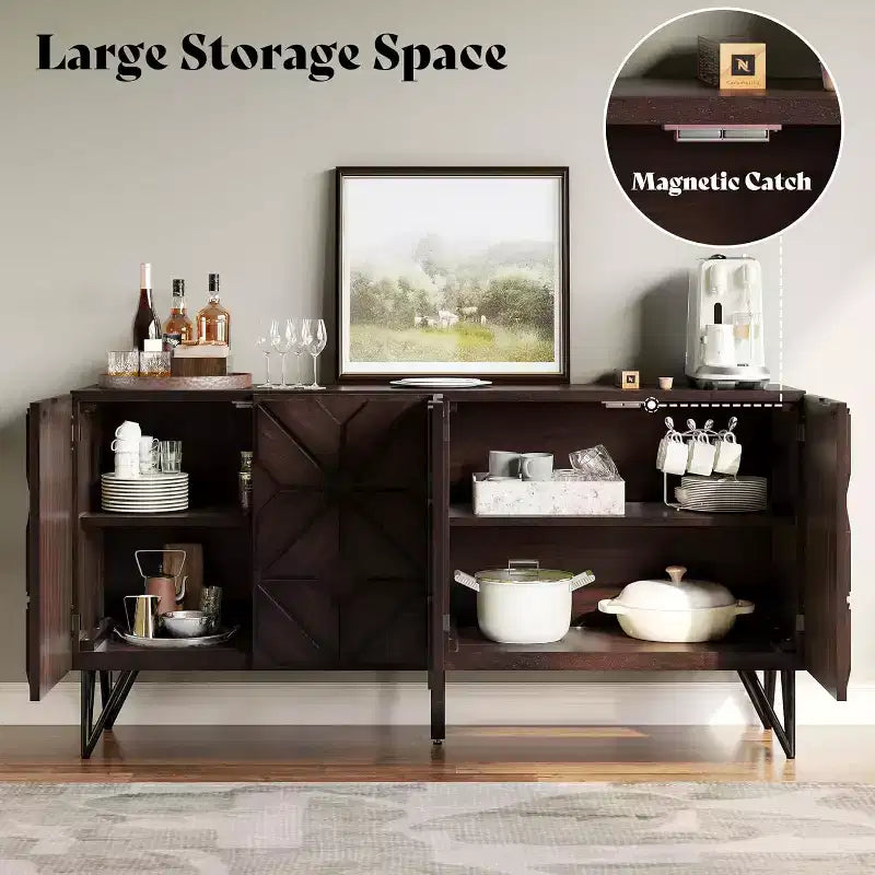 Enfilade buffet en bois d'acacia 63'' avec porte géométrique sculptée à la main, meuble console avec étagères réglables, noyer foncé