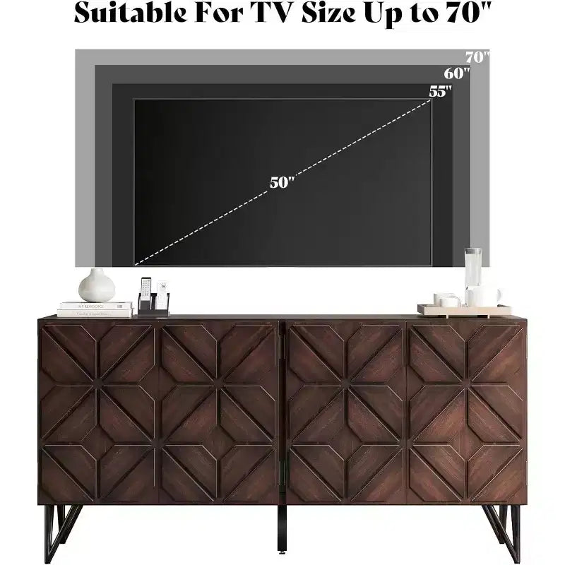 Enfilade buffet en bois d'acacia 63'' avec porte géométrique sculptée à la main, meuble console avec étagères réglables, noyer foncé