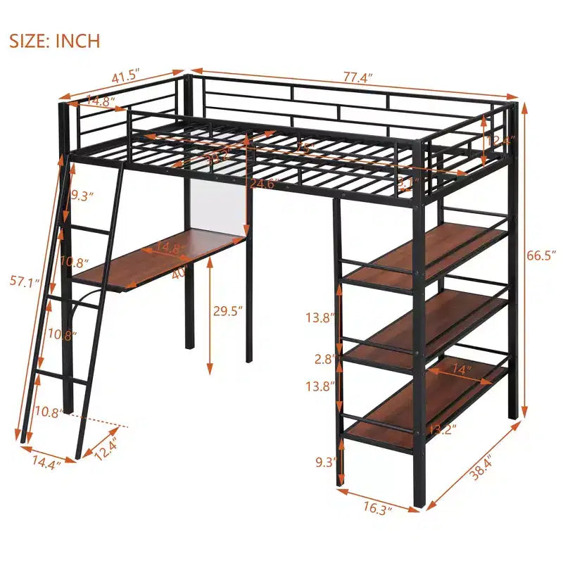 Lit mezzanine en métal de taille double avec 3 étagères et un bureau, lit avec cadre en métal pour chambre à coucher
