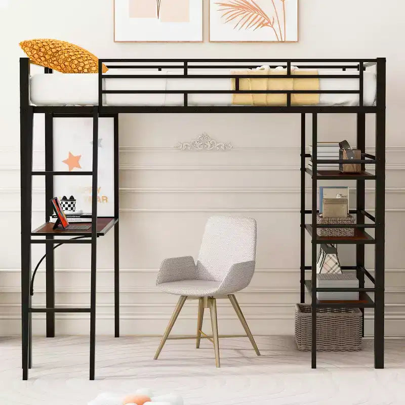 Lit mezzanine en métal de taille double avec 3 étagères et un bureau, lit avec cadre en métal pour chambre à coucher