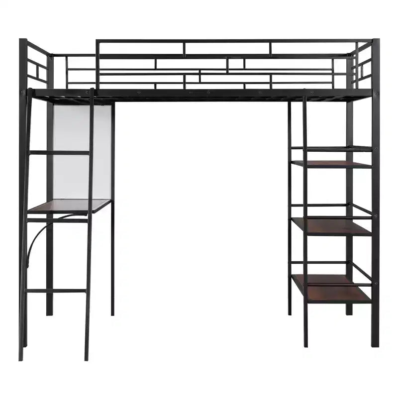 Lit mezzanine en métal de taille double avec 3 étagères et un bureau, lit avec cadre en métal pour chambre à coucher