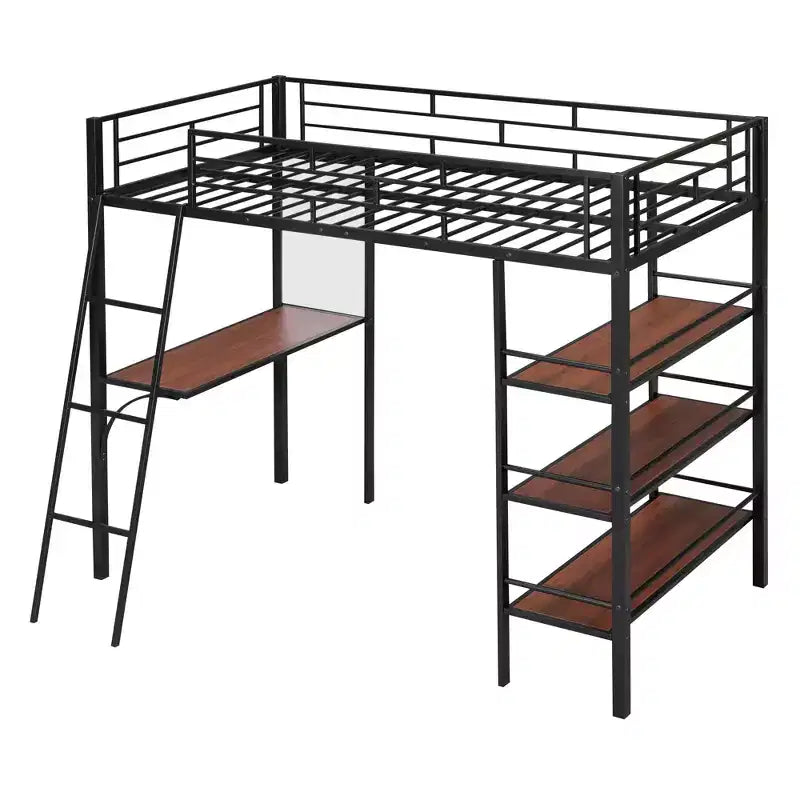 Lit mezzanine en métal de taille double avec 3 étagères et un bureau, lit avec cadre en métal pour chambre à coucher
