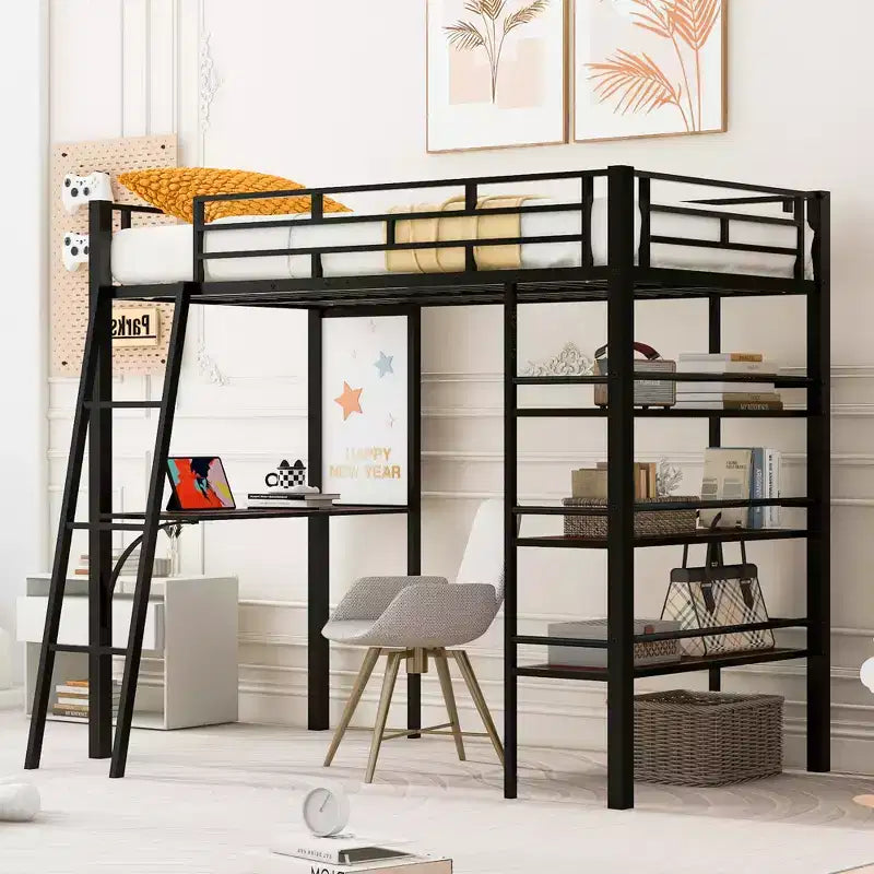 Twin Size Loft Metal Bed with 3 Layers of Shelves and Desk, Metal Frame Bed for Bedroom
