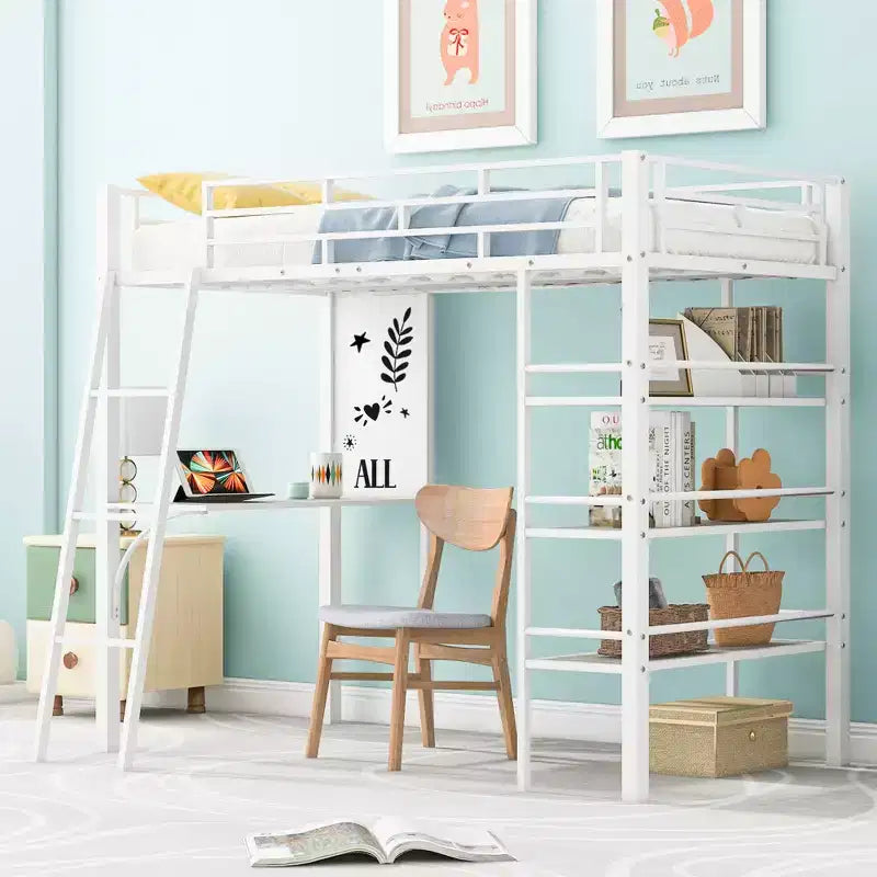 Lit mezzanine en métal de taille double avec 3 étagères et un bureau, lit avec cadre en métal pour chambre à coucher