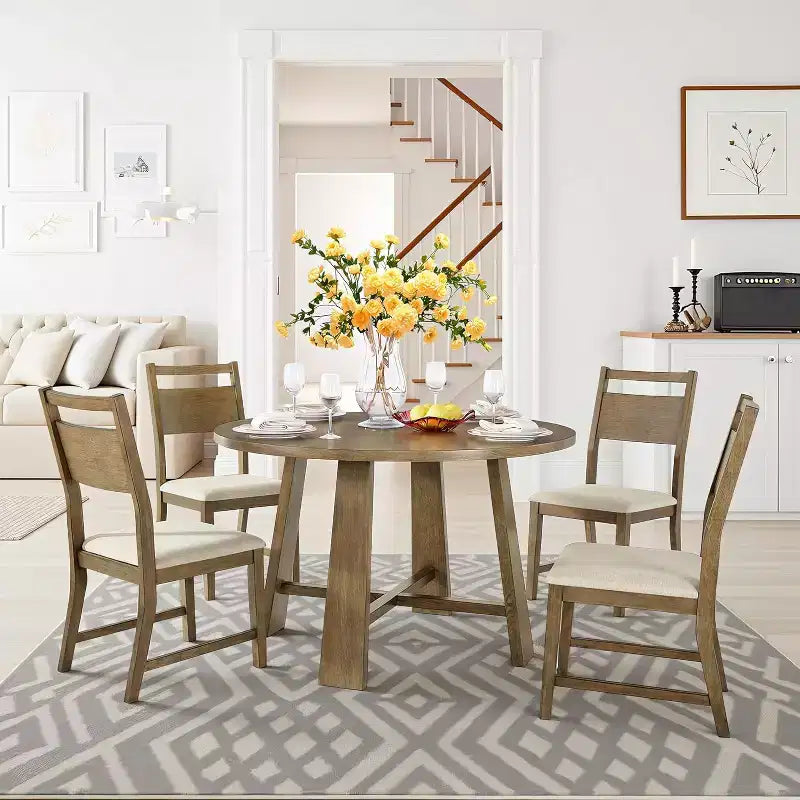 AMERLIFE 46 Round Solid Wood Dining Table, Chairs, Mid-Century Kitchen & Lining Room Furniture