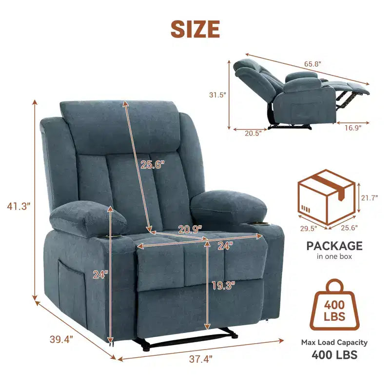 Fauteuil inclinable pivotant et berçant avec massage et chauffage, canapé de salon ergonomique surdimensionné avec repose-pieds étendu, porte-gobelets pour salon, chambre à coucher