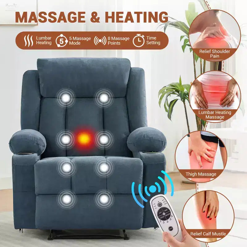 Fauteuil inclinable pivotant et berçant avec massage et chauffage, canapé de salon ergonomique surdimensionné avec repose-pieds étendu, porte-gobelets pour salon, chambre à coucher