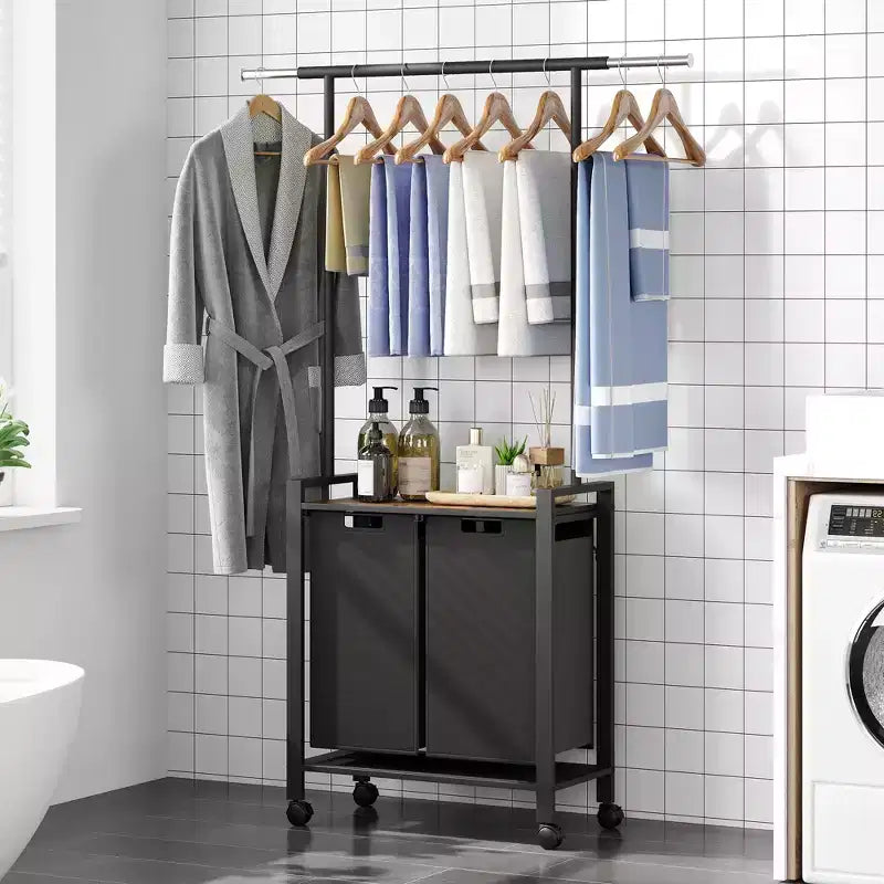 Trieur de linge à 3 sections avec tringle télescopique, panier à linge roulant robuste avec roulettes verrouillables et étagère de rangement pour buanderie