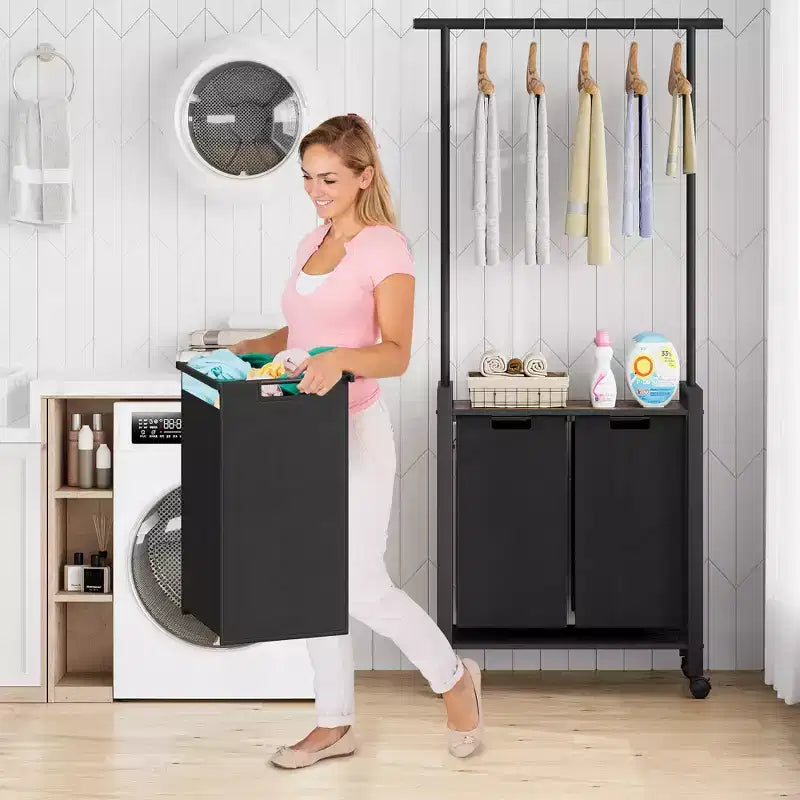 Trieur de linge à 3 sections avec tringle télescopique, panier à linge roulant robuste avec roulettes verrouillables et étagère de rangement pour buanderie