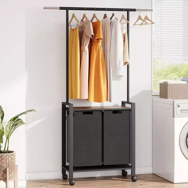 Trieur de linge à 3 sections avec tringle télescopique, panier à linge roulant robuste avec roulettes verrouillables et étagère de rangement pour buanderie