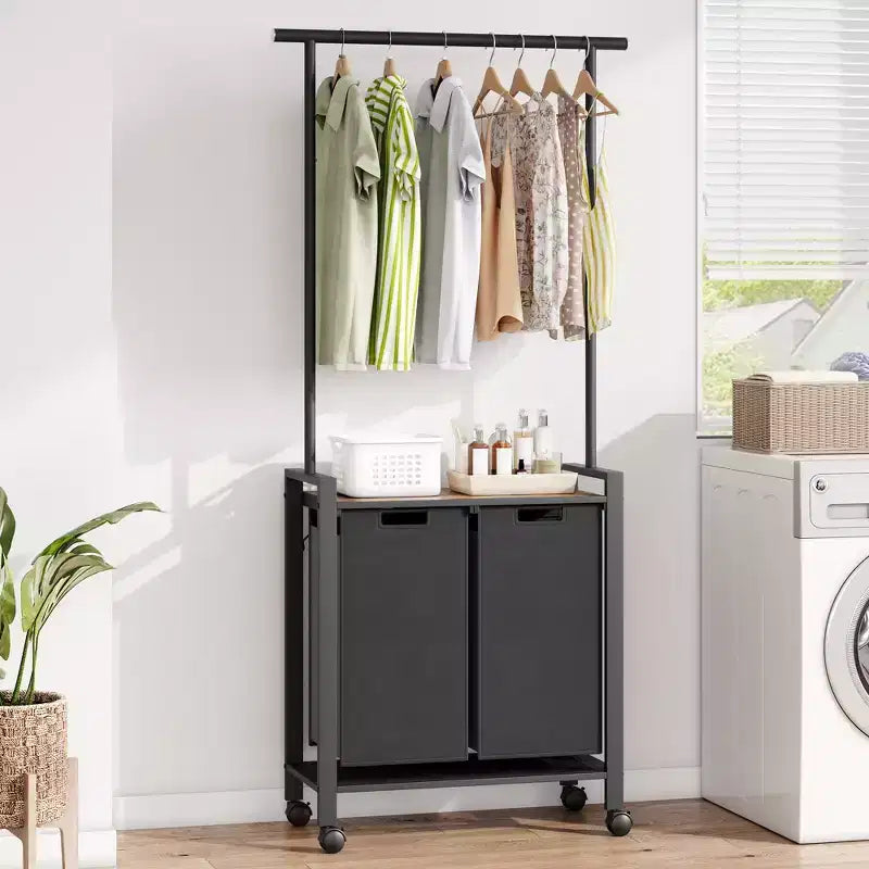 Trieur de linge à 3 sections avec tringle télescopique, panier à linge roulant robuste avec roulettes verrouillables et étagère de rangement pour buanderie