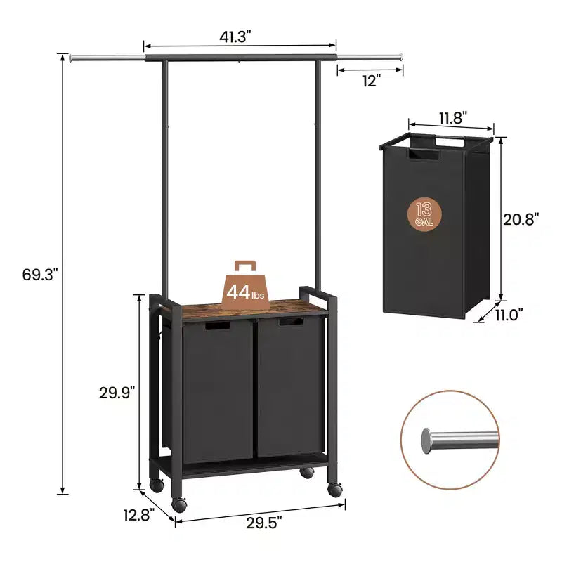 Trieur de linge à 3 sections avec tringle télescopique, panier à linge roulant robuste avec roulettes verrouillables et étagère de rangement pour buanderie