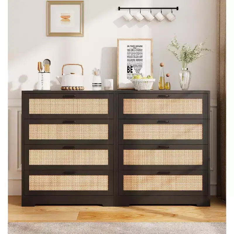 Commode 5 tiroirs en rotin pour chambre à coucher, commode haute de 120 cm avec prises électriques, commode en bois avec poignées en métal pour salon ou placard
