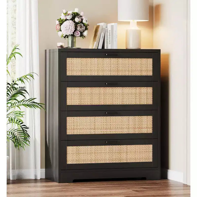 Commode 5 tiroirs en rotin pour chambre à coucher, commode haute de 120 cm avec prises électriques, commode en bois avec poignées en métal pour salon ou placard