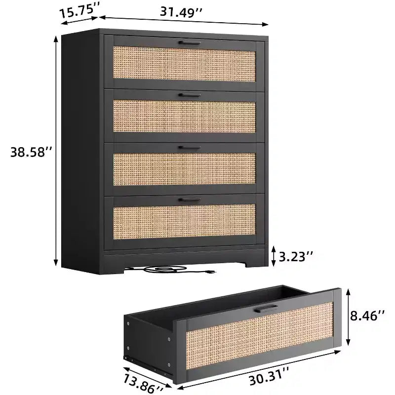 Commode 5 tiroirs en rotin pour chambre à coucher, commode haute de 120 cm avec prises électriques, commode en bois avec poignées en métal pour salon ou placard
