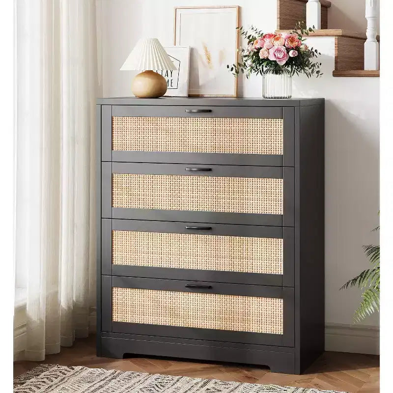 5 Drawer Rattan Dresser for Bedroom, 47.27 Tall Dresser with Power Outlets, Wood Dresser Chest of Drawers with Metal Handles for Living Room Closet