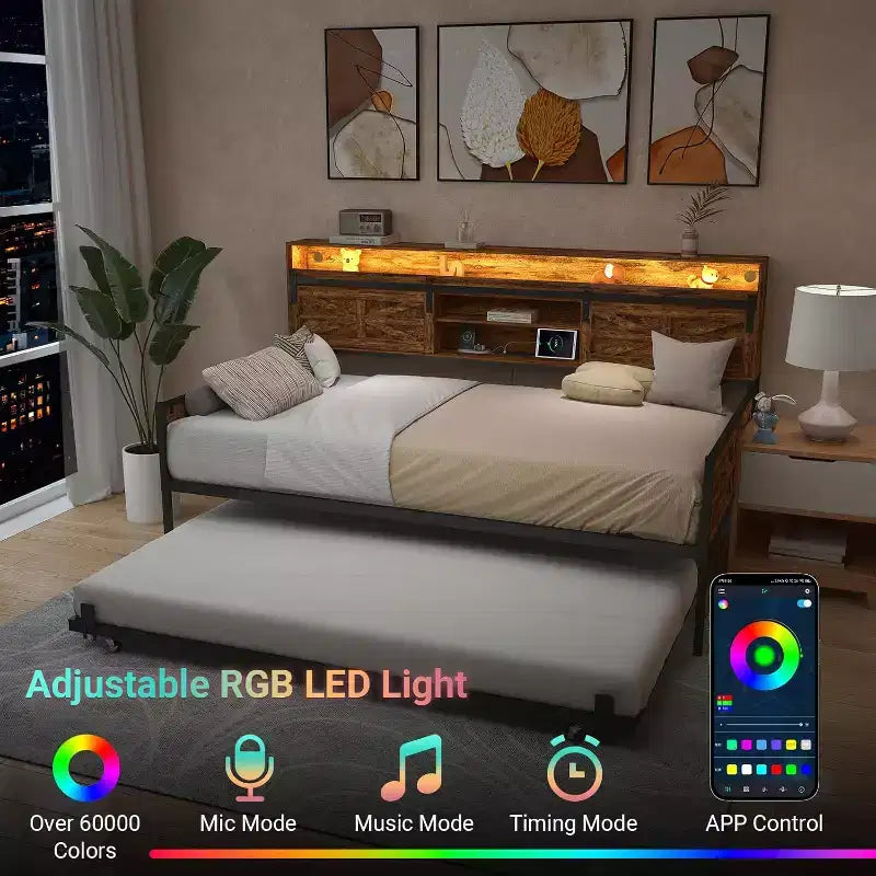 Lit de repos double avec lit gigogne, tête de lit avec porte de grange coulissante et lumières LED, lit de repos en métal robuste pour salon, chambre d'amis, marron