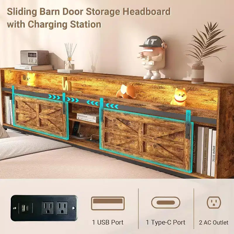 Lit de repos double avec lit gigogne, tête de lit avec porte de grange coulissante et lumières LED, lit de repos en métal robuste pour salon, chambre d'amis, marron