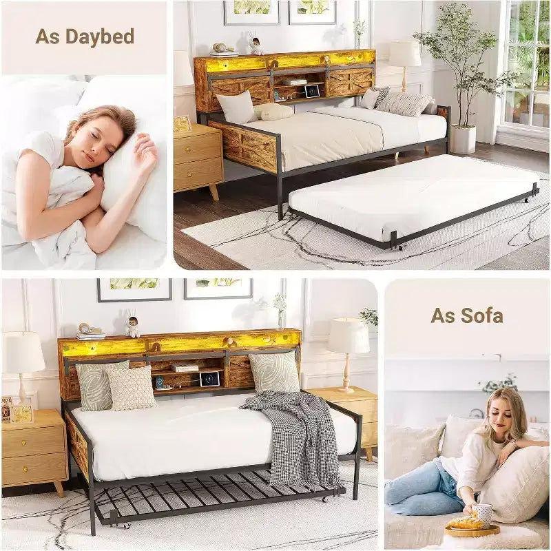 Lit de repos double avec lit gigogne, tête de lit avec porte de grange coulissante et lumières LED, lit de repos en métal robuste pour salon, chambre d'amis, marron