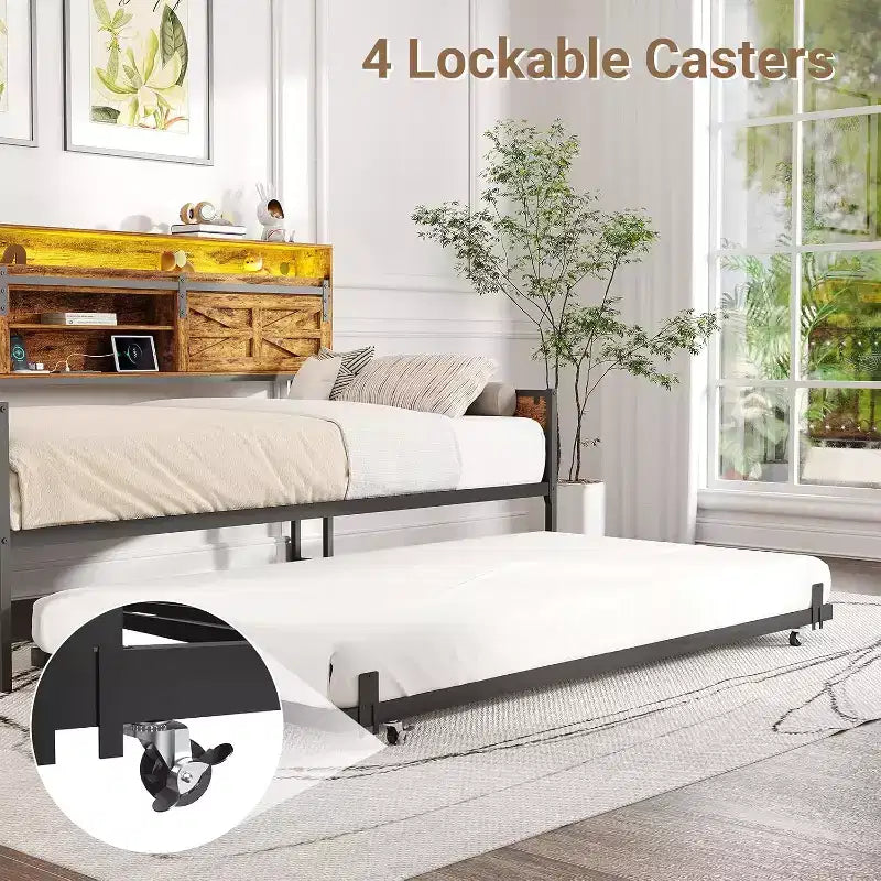 Lit de repos double avec lit gigogne, tête de lit avec porte de grange coulissante et lumières LED, lit de repos en métal robuste pour salon, chambre d'amis, marron