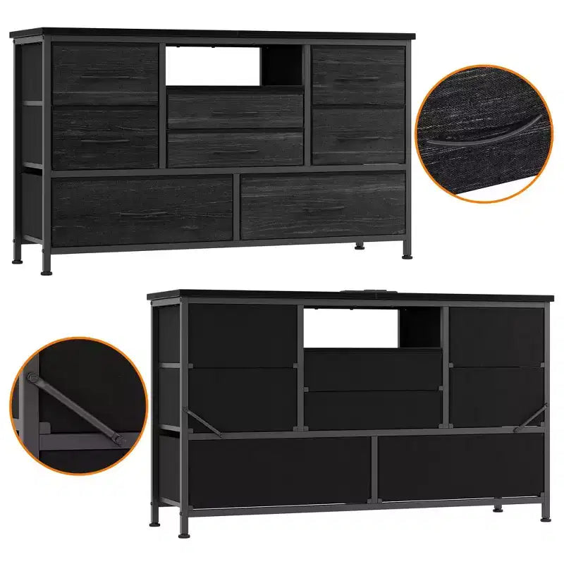 Meuble TV pour chambre à coucher, table console TV avec 8 tiroirs et étagères ouvertes pour salon, couloir