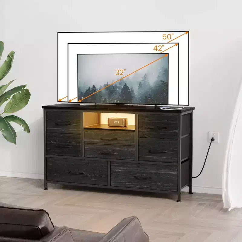 Meuble TV pour chambre à coucher, table console TV avec 8 tiroirs et étagères ouvertes pour salon, couloir