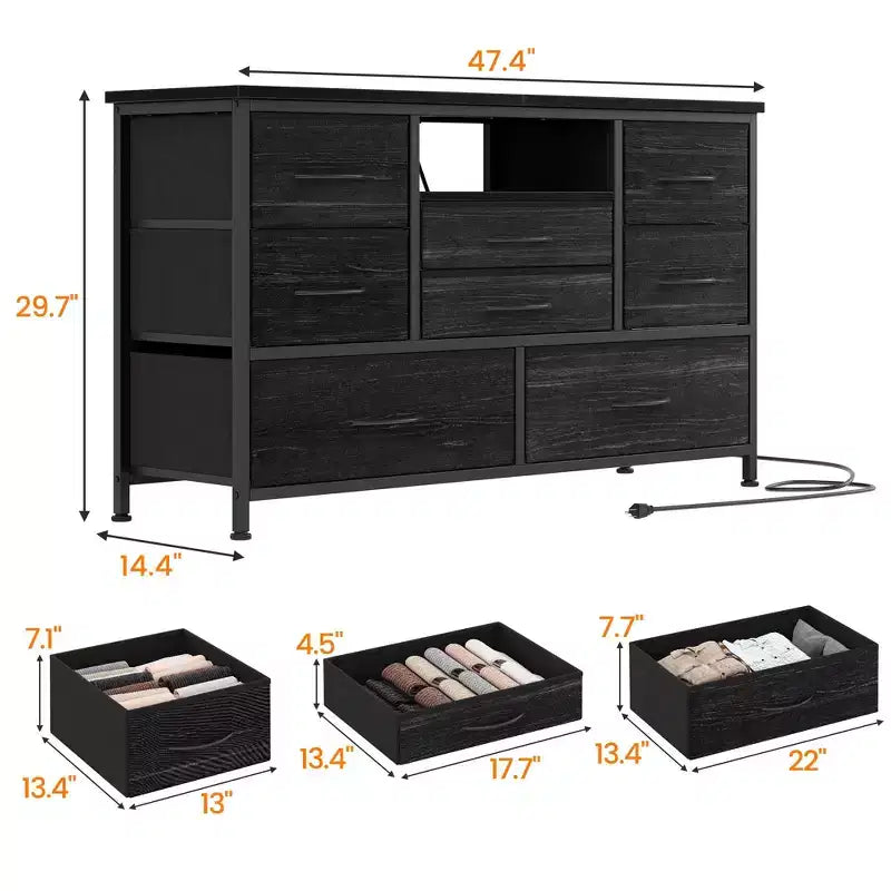 Meuble TV pour chambre à coucher, table console TV avec 8 tiroirs et étagères ouvertes pour salon, couloir