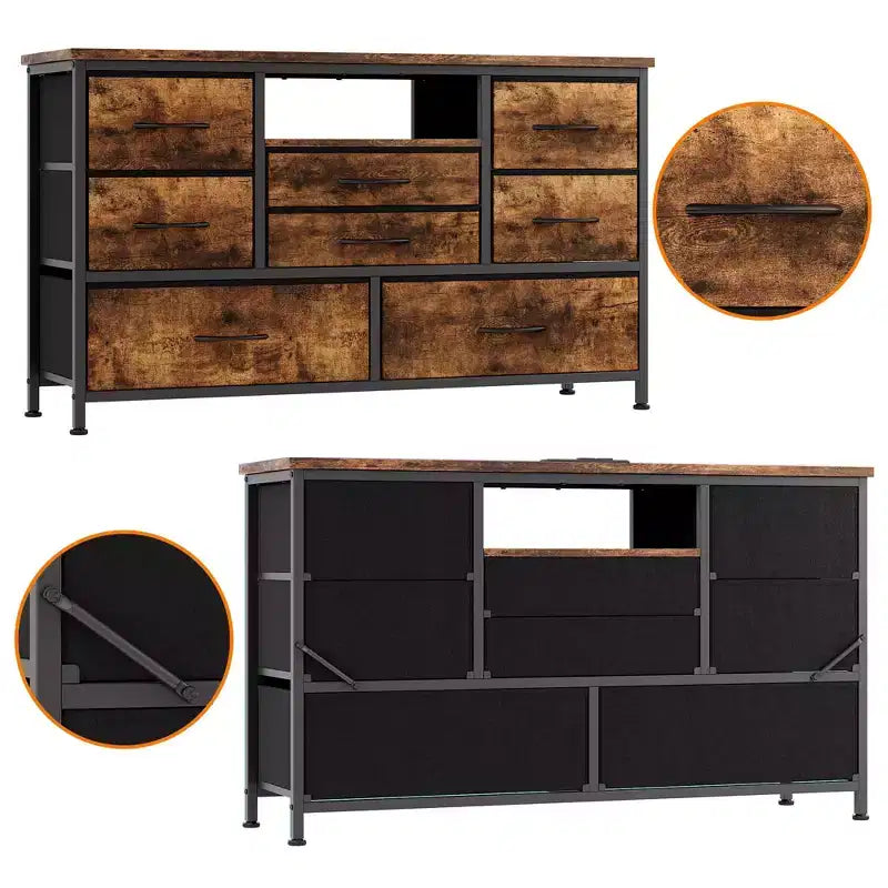 Meuble TV pour chambre à coucher, table console TV avec 8 tiroirs et étagères ouvertes pour salon, couloir
