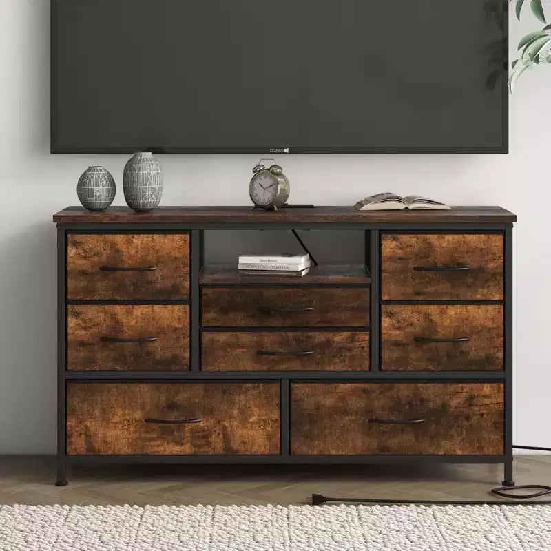 Meuble TV pour chambre à coucher, table console TV avec 8 tiroirs et étagères ouvertes pour salon, couloir