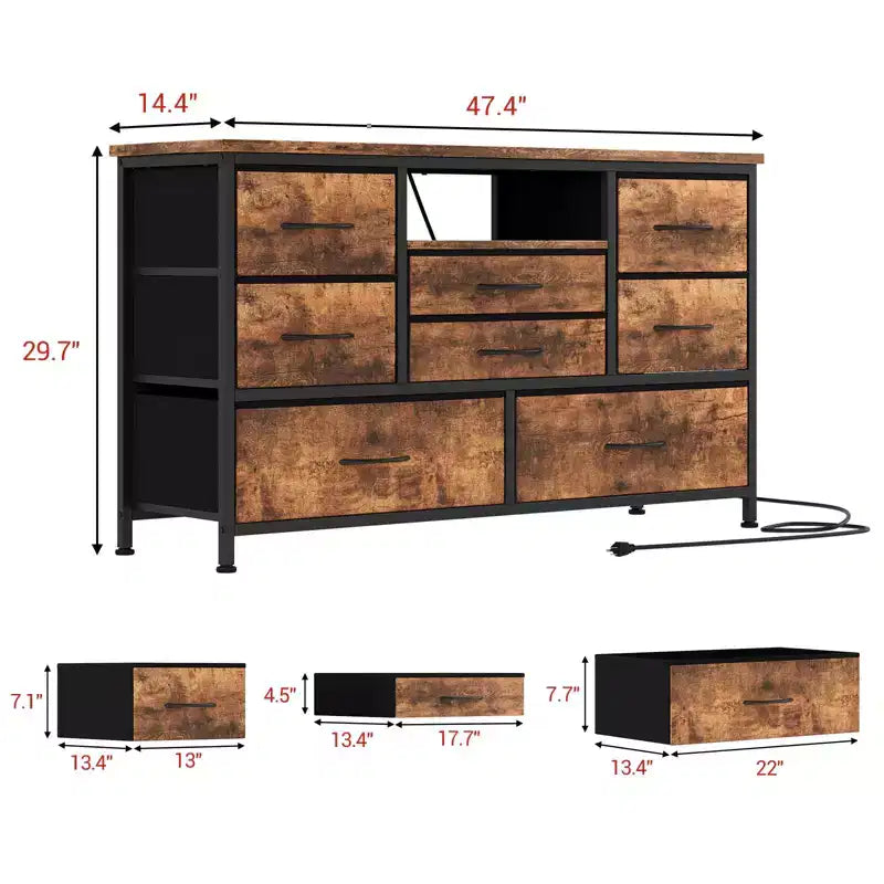 Meuble TV pour chambre à coucher, table console TV avec 8 tiroirs et étagères ouvertes pour salon, couloir