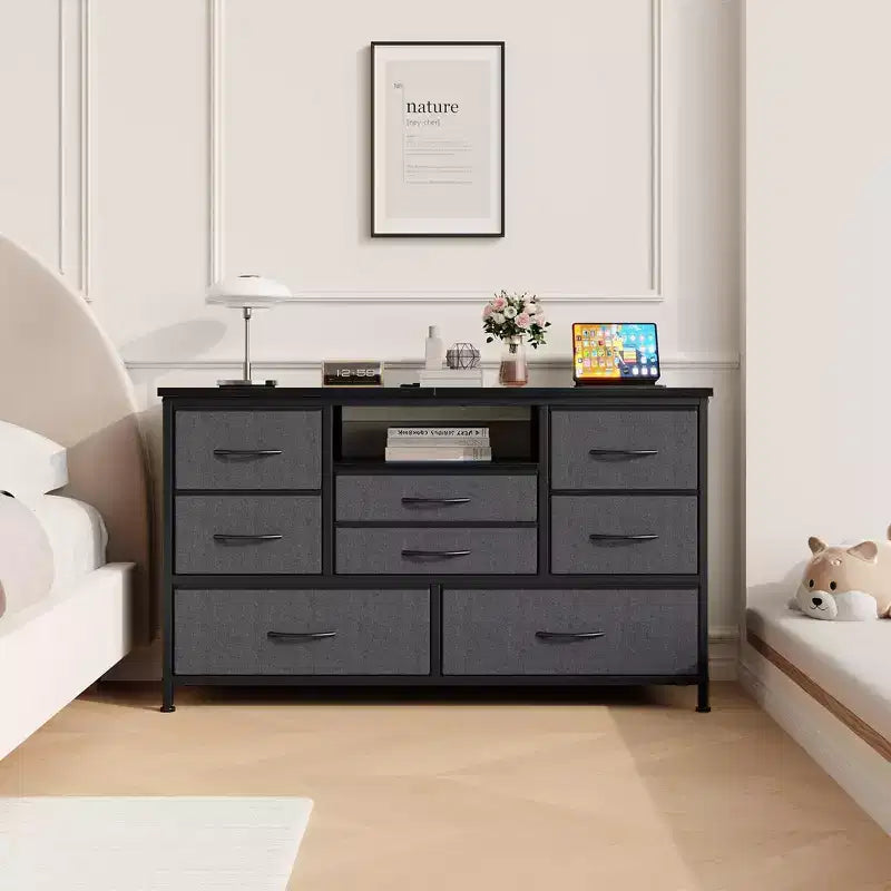 Meuble TV pour chambre à coucher, table console TV avec 8 tiroirs et étagères ouvertes pour salon, couloir