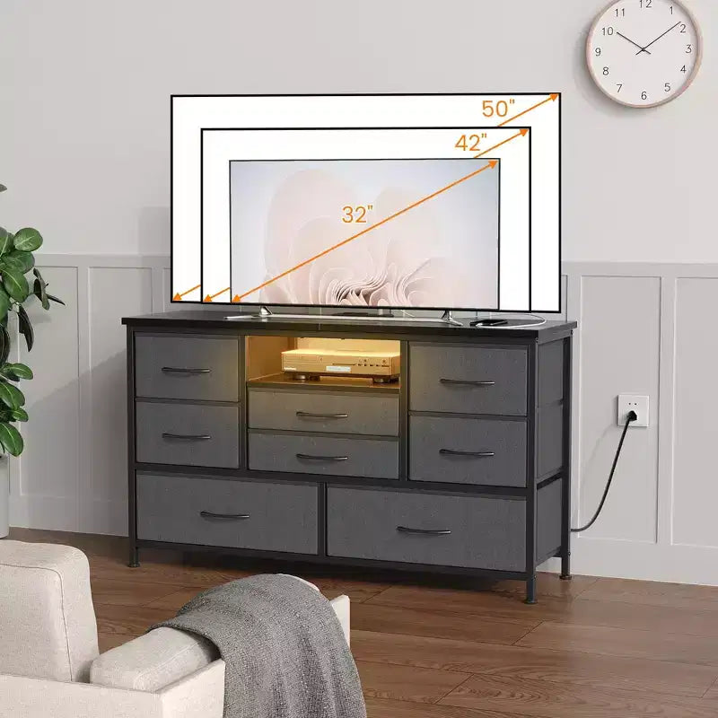 Meuble TV pour chambre à coucher, table console TV avec 8 tiroirs et étagères ouvertes pour salon, couloir