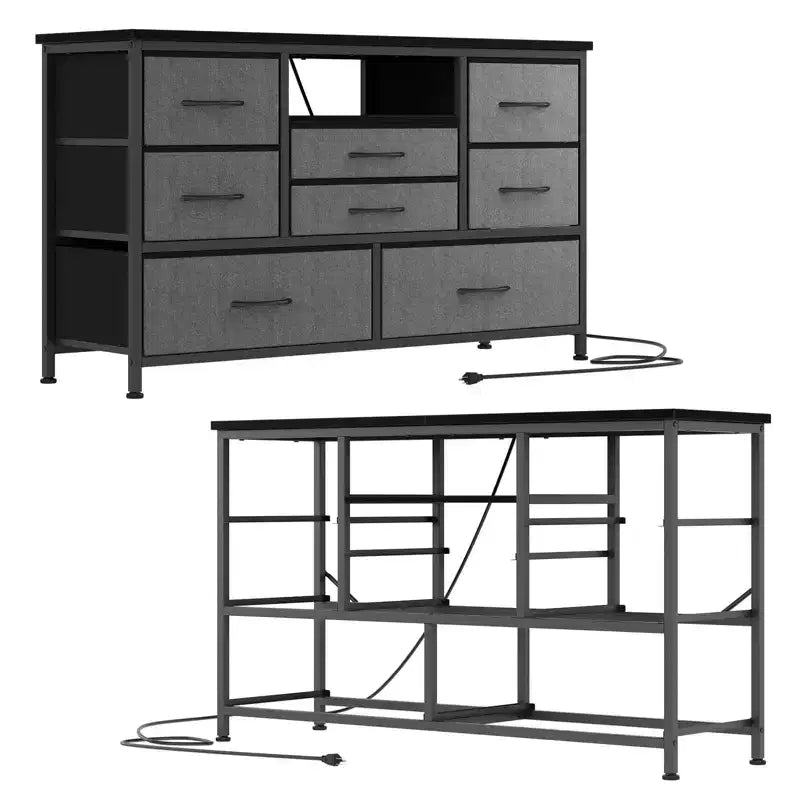 Meuble TV pour chambre à coucher, table console TV avec 8 tiroirs et étagères ouvertes pour salon, couloir