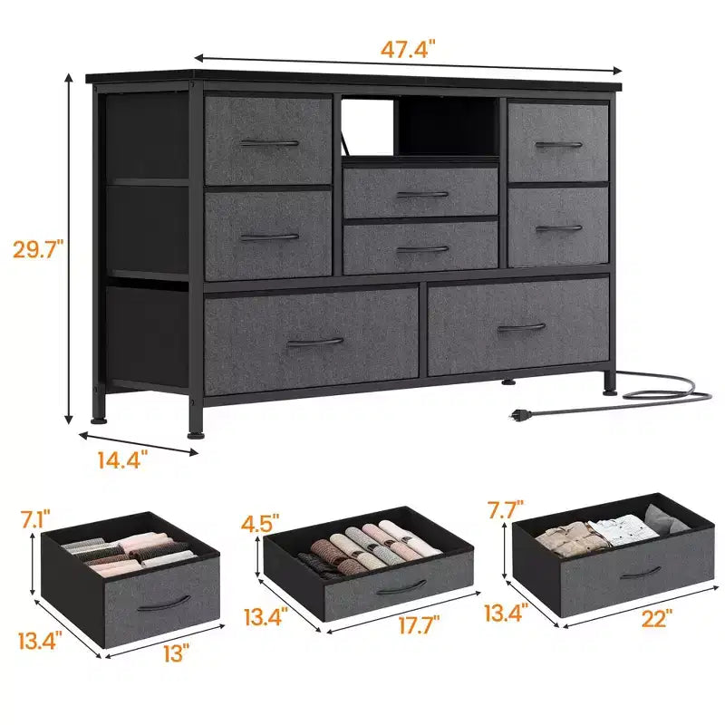 Meuble TV pour chambre à coucher, table console TV avec 8 tiroirs et étagères ouvertes pour salon, couloir