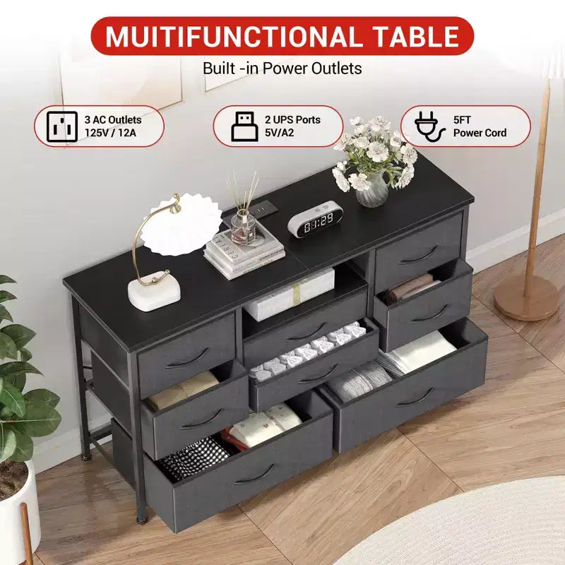 Meuble TV pour chambre à coucher, table console TV avec 8 tiroirs et étagères ouvertes pour salon, couloir