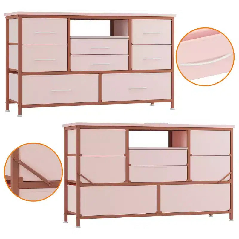 Meuble TV pour chambre à coucher, table console TV avec 8 tiroirs et étagères ouvertes pour salon, couloir