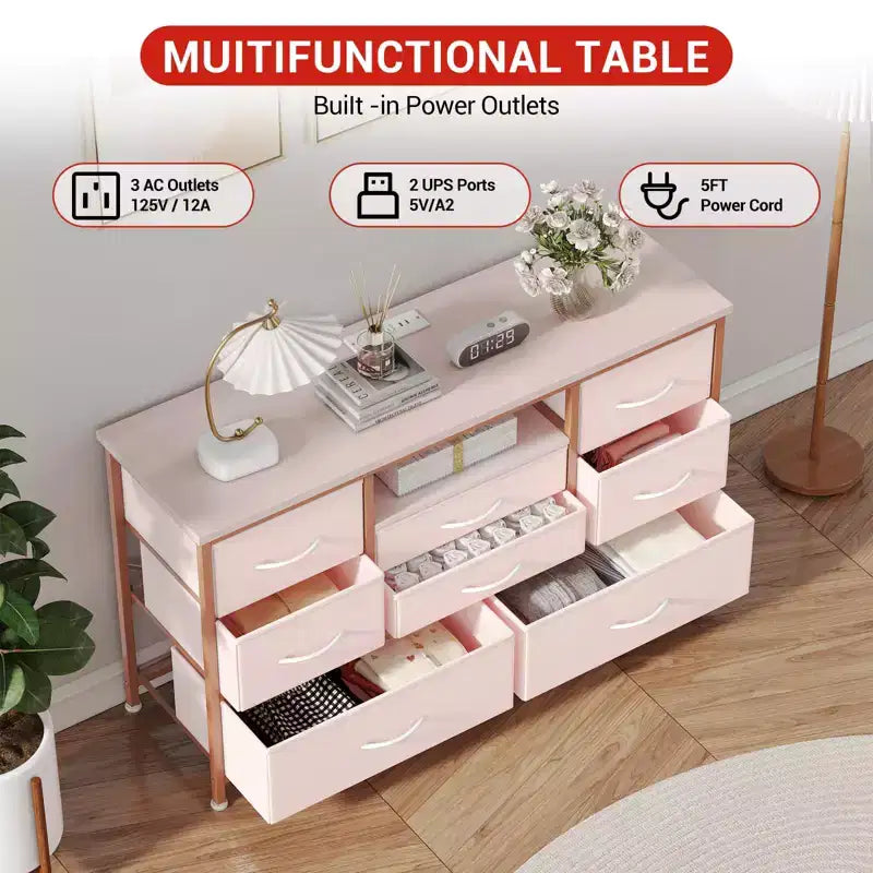 Meuble TV pour chambre à coucher, table console TV avec 8 tiroirs et étagères ouvertes pour salon, couloir
