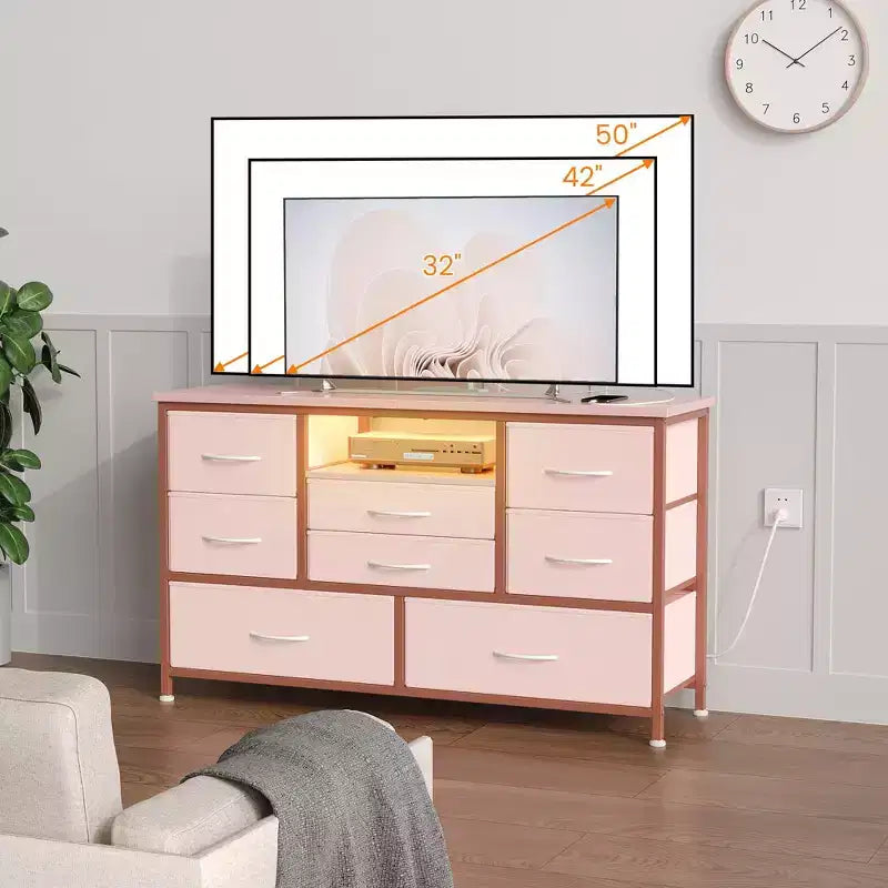 Meuble TV pour chambre à coucher, table console TV avec 8 tiroirs et étagères ouvertes pour salon, couloir