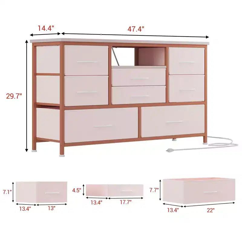 Meuble TV pour chambre à coucher, table console TV avec 8 tiroirs et étagères ouvertes pour salon, couloir