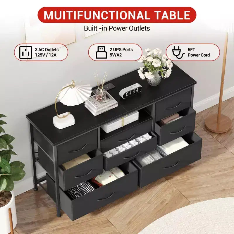 Meuble TV pour chambre à coucher, table console TV avec 8 tiroirs et étagères ouvertes pour salon, couloir