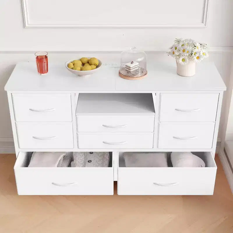 Meuble TV pour chambre à coucher, table console TV avec 8 tiroirs et étagères ouvertes pour salon, couloir