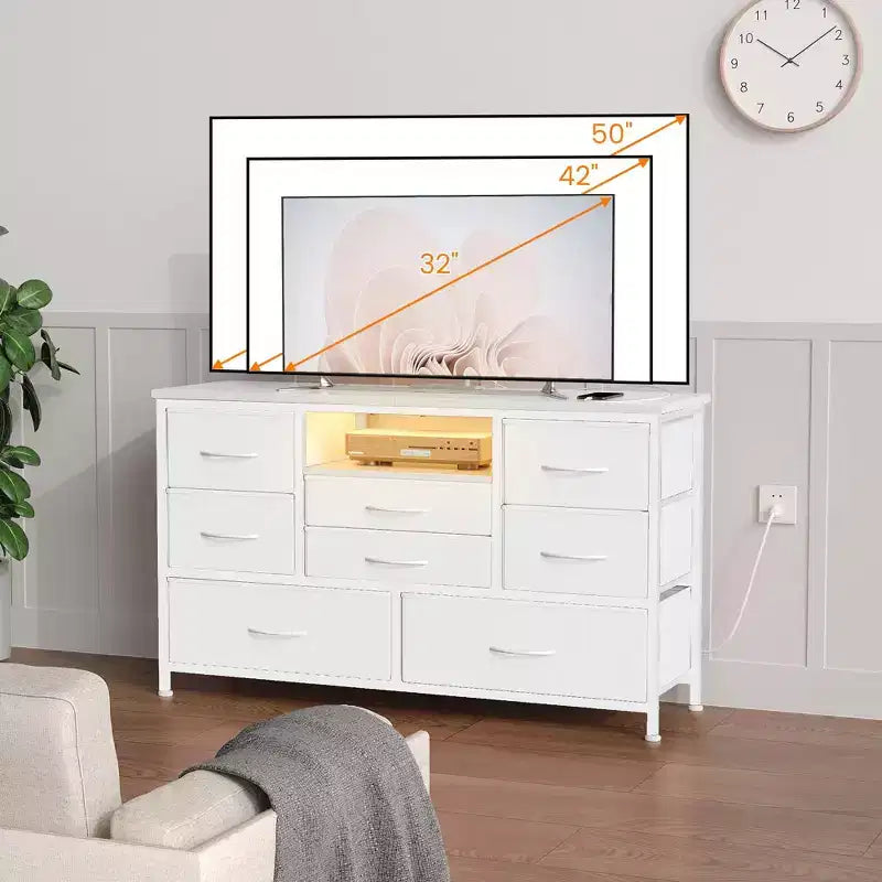Meuble TV pour chambre à coucher, table console TV avec 8 tiroirs et étagères ouvertes pour salon, couloir